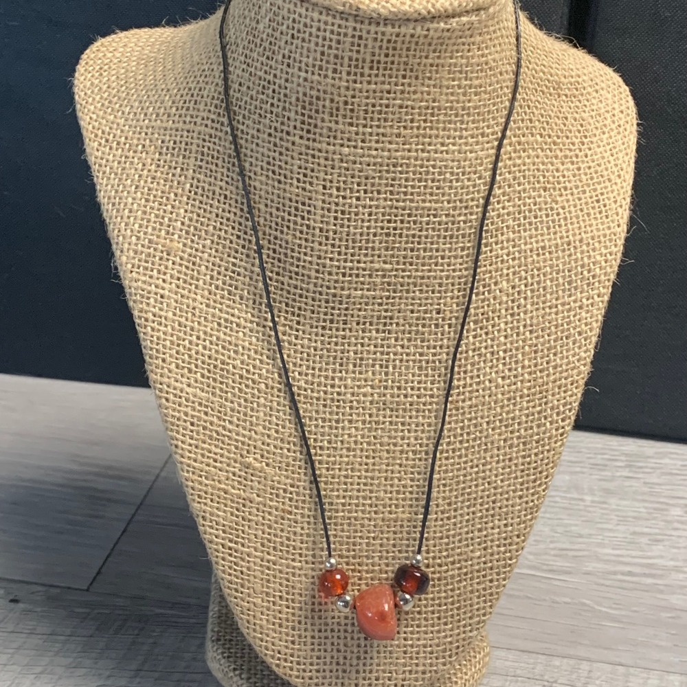 Boho Orange Stone Amber Bead Black Cord Necklace 20 Inch 4463